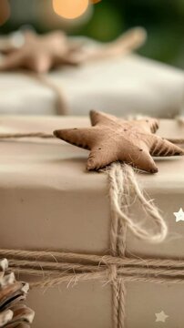 An image of holiday gifts wrapped in plain brown paper and tied with string. Star decorations embellish the tops, with soft bokeh of holiday lights in background creates a festive, warm ambiance.