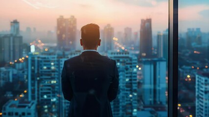 Back view of a suited businessman at a skyscraper window overlooking a cityscape at dusk with vibrant lights in the background - Powered by Adobe