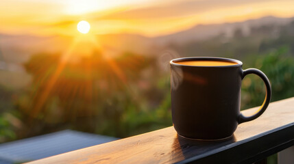 Obraz premium Coffee cup on balcony railing with stunning sunrise view creates serene and peaceful atmosphere, perfect for enjoying morning beverage. warm colors of sunrise enhance tranquil setting