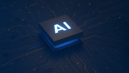 A 3D rendering of an AI chip on a circuit board, symbolizing technological advancement and the integration of artificial intelligence.