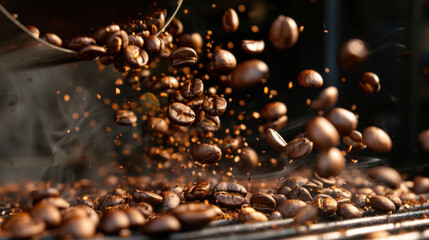 Obraz premium Freshly roasted coffee beans are captured mid air, showcasing their rich brown color and texture as they tumble from traditional drum roaster. scene evokes sense of warmth and aroma