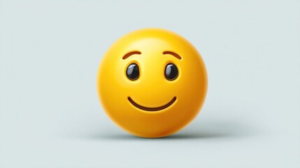 Fototapeta premium A 3D rendered yellow emoticon with a subtle, pleased expression; slightly raised eyebrows and a small, upturned smile against a light gray background, exhibiting a smooth, glossy texture