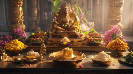 Naklejka premium An elegant arrangement of Narayanaa??s offerings displayed on a traditional altar