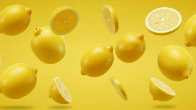Seamless closeup flying fresh ripe lemons and lemon slices in vibrant yellow background
