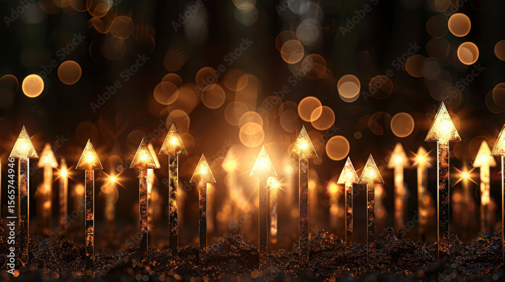 Poster growth arrows illuminated by soft lighting create captivating scene, symbolizing business potential 