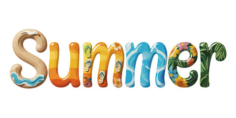 Vibrant Summer Typography Illustration with Beach, Ocean, Floral, and Tropical Elements Isolated on White Background