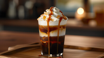 Delicious iced coffee drink topped with creamy whipped cream and drizzle of caramel sauce, served in clear glass. rich layers of coffee and cream create inviting appearance