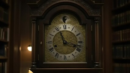 Antique grandfather clock ticking in a dimly lit library creating a vintage atmosphere