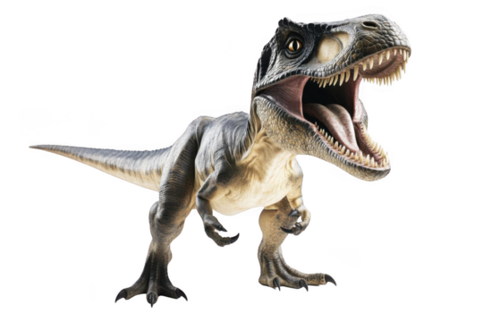 Roaring dinosaur with sharp teeth, concept prehistoric era, in isolation.