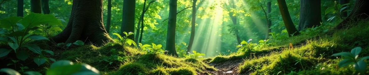 Lush green forest scene, sunlight dappling through leaves onto a mossy forest floor Perfect for nature, ecology, or environmental themes Tranquil and serene atmosphere , organic, natural