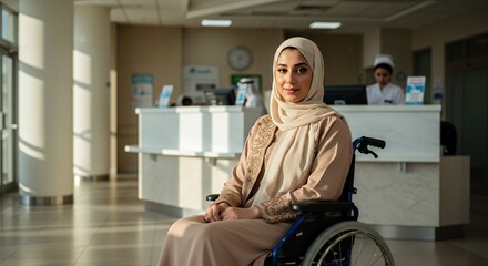 Serene woman in hijab sits calmly in a wheelchair at a hospital reception, sunlight streaming through the .