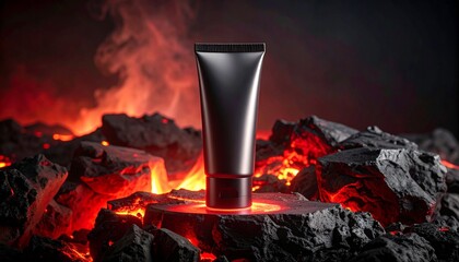Mystic skincare product and Lava: A sleek, minimalist tube of skincare product, poised dramatically against a background of glowing hot lava and rugged dark rocks.