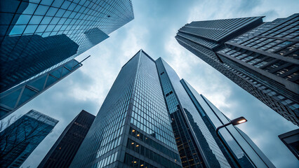 Fototapeta premium Looking up at modern glass skyscrapers against a cloudy sky