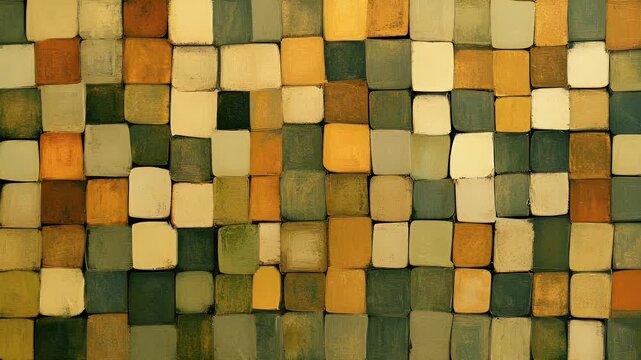 Abstract background featuring array of colorful square blocks. The blocks are arranged in a grid pattern displaying a mix of earth tones. The texture is rough and tactile.