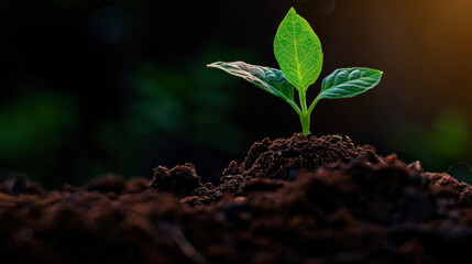 Vibrant green leaf sprouting from rich soil symbolizes growth and renewal, capturing essence of nature beauty and resilience in serene environment