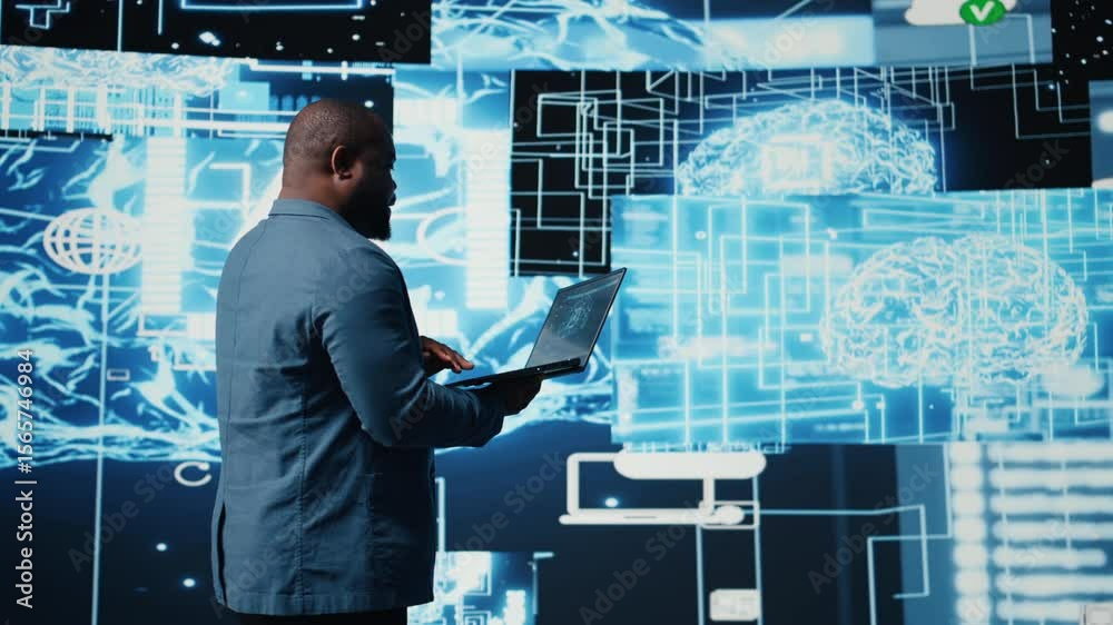 Poster modern african american specialist works in ai data visualization environment, illustrating computer