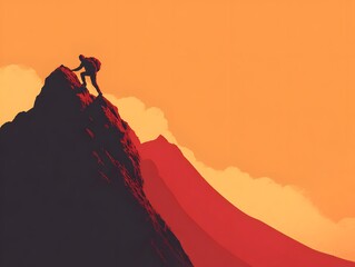 Naklejka premium An illustration captures a determined mountaineer scaling a challenging peak. Amidst a vibrant sunset sky and layered mountain range the silhouette climber's ambition.