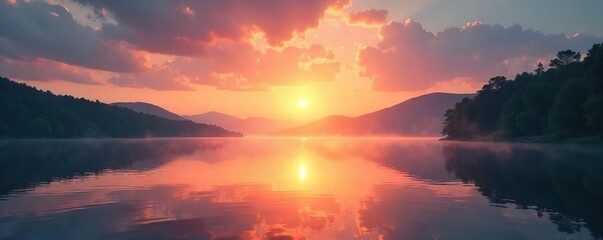 Serene sunrise over a tranquil lake, perfect for peaceful prayer or meditation backgrounds Ideal for websites, apps, or spiritual publications , mountains, serenity, calm