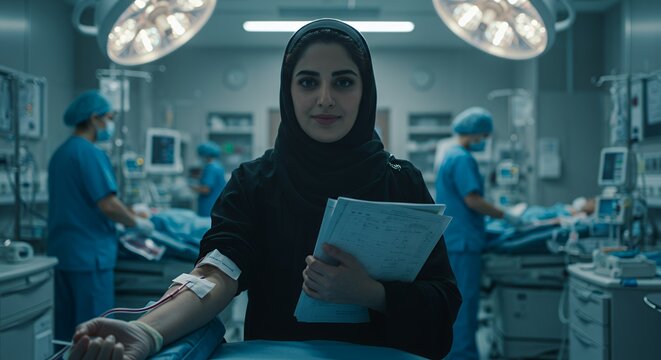 Confident female medical professional holds patient files, blood donation underway in busy hospital background.