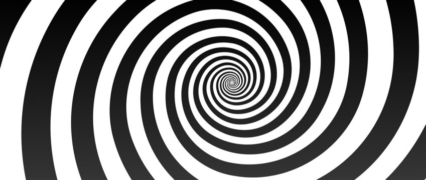 Hypnotic spirals background. Radial optical illusion. Black and white swirl tunnel wallpaper. Horizontal spinning concentric curves. Vortex or whirlpool design for poster, banner, flyer.Vector