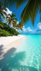Serene Maldivian Beach Crystal Turquoise Water Gently Lapping Pristine White Sand, Palm Trees Swaying in a Gentle Breeze, Idyllic Tropical Paradise Scene