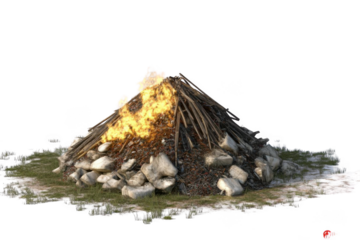 Fire Rages on Wood and Stone Pyre With Ancient Ritual Themes