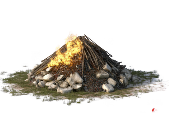 Fire Rages on Wood and Stone Pyre With Ancient Ritual Themes