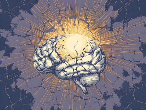 A captivating illustration shows a brain cracking open, symbolizing a moment of innovative thought, insight, and intelligence. The central focus is on an explosion of light emanating from the brain.