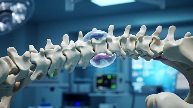 Synovial Cyst Formation Detailed Animation in Spine Bone Structure Against Blurred Surgical Operating Room