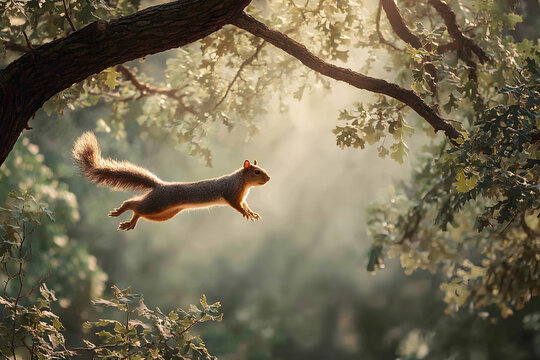 Jumping ardillas between trees in magical forest with soft warm light