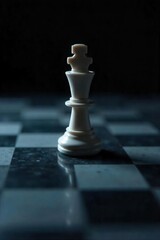 A lone white chess piece moves across a dark board, a strategic advance in a game of chess The image emphasizes the contrast and the calculated nature of the move , queen, defeat