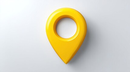 Yellow location icon on white surface. Symbol for directions, maps, navigation in background