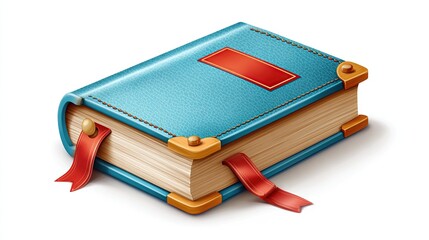 Stylized illustration of a closed, leather-bound book with gold accents and red ribbon bookmarks