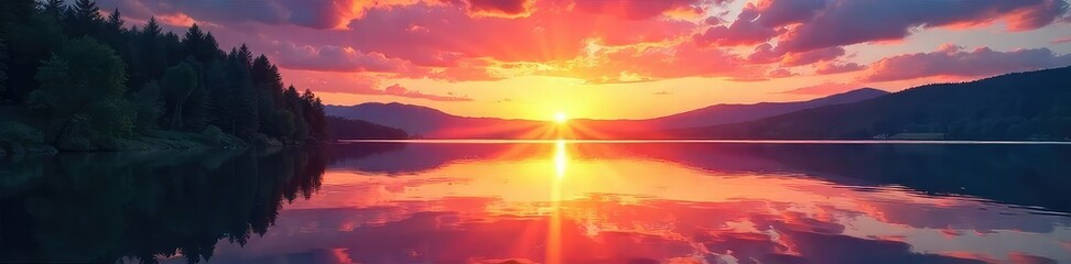 Fototapeta premium Dreamy sunset over a tranquil lake, reflecting vibrant colors in the still water Perfect for websites, presentations, or any project needing a serene and captivating backdrop , colorful, sky