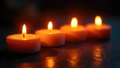 Close-up of several burning candles, casting a warm, inviting glow in the dark The flickering candlelight creates a magical ambiance, perfect for relaxation or meditation , flicker, flame, magical