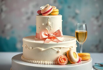 Whimsical retro wedding cake with macarons, champagne glasses, and ribbon bow,  coquettish,  delicious