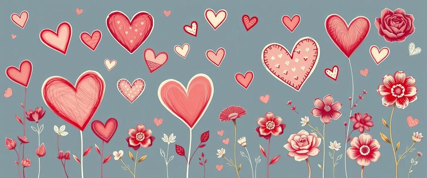 Whimsical vintage hand-drawn illustrations of hearts, flowers, and romantic elements, quirky, wedding