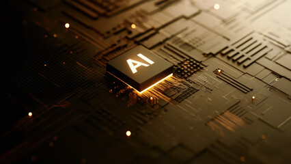 A 3D rendering of an AI chip on a circuit board, symbolizing technological advancement and the integration of artificial intelligence.