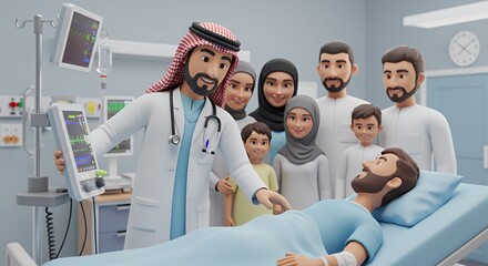 Compassionate doctor examines patient, surrounded by supportive family in a hospital room.