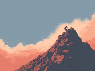 A lone climber, silhouetted against the sky, conquers a rugged mountain peak, symbolizing perseverance, ambition, and the triumph of the human spirit amidst the backdrop of an epic vista.