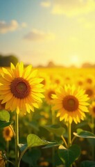 Fototapeta premium A vibrant yellow field of sunflowers basking in the warm sunlight, symbolizing optimism and a bright future Perfect for themes of positivity, growth, and new beginnings , plant, yellow, flower