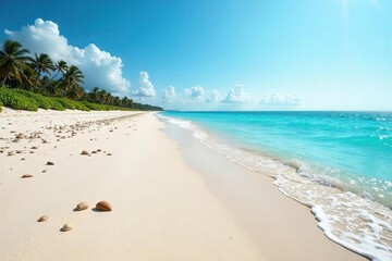 Sun-bleached sand stretches endlessly, meeting a turquoise ocean under a vast, cloudless sky Sea shells scatter the shoreline, remnants of a forgotten tide Perfect solitude , water, driftwood, beauty