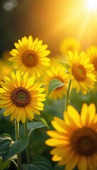 Vibrant sunflowers bathed in golden sunshine, their faces turned towards the radiant light A picturesque summer scene of nature's beauty and joyful energy , bright, day