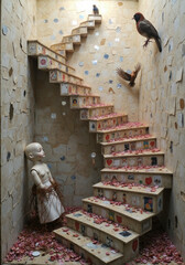 Obraz premium Spiral Staircase with Mannequin and Taxidermied Birds, Playing Card Decor