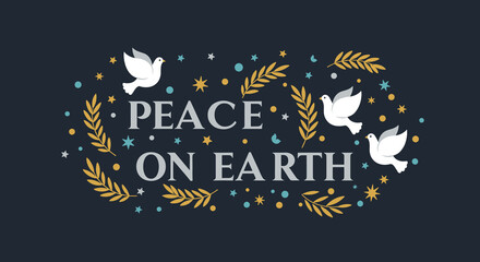 Peace on Earth vector illustration with doves, olive branches, and stars on a dark background.