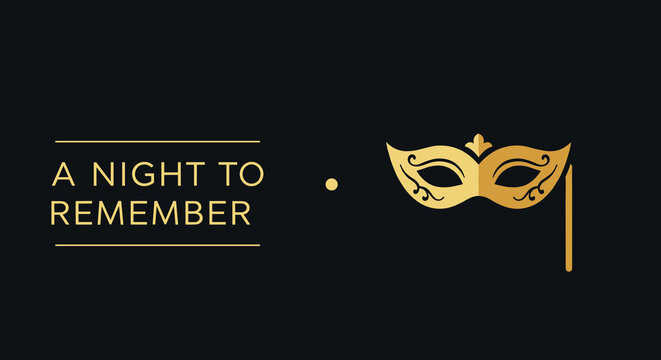 A Night to Remember. Masquerade ball invitation with golden mask on black background. Elegant party or gala event concept.