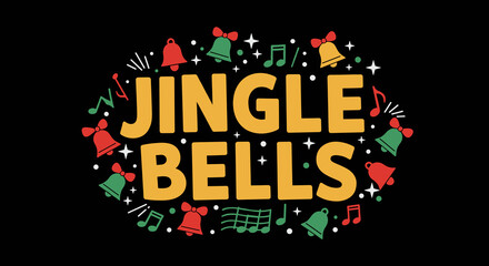 Obraz premium Jingle Bells. Christmas holiday song title with festive bells and music notes illustration. Winter celebration vector design.