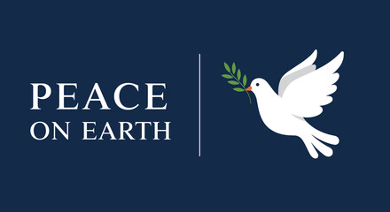 Peace on Earth. White dove with olive branch symbol of peace and hope. Christmas holiday greeting card vector illustration.