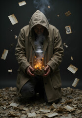 Person in Hooded Coat Kneeling with Illuminated Jar Amidst Scattered Papers