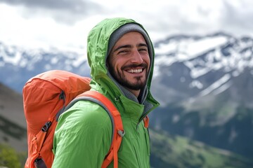 Smiling man in a waterproof jacket with a hiking backpack against a mountain backdrop.